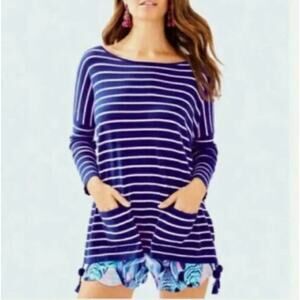 LILLY PULITZER Twilight Blue Coastal Shell Stripe Elba Tassel Sweater Size S